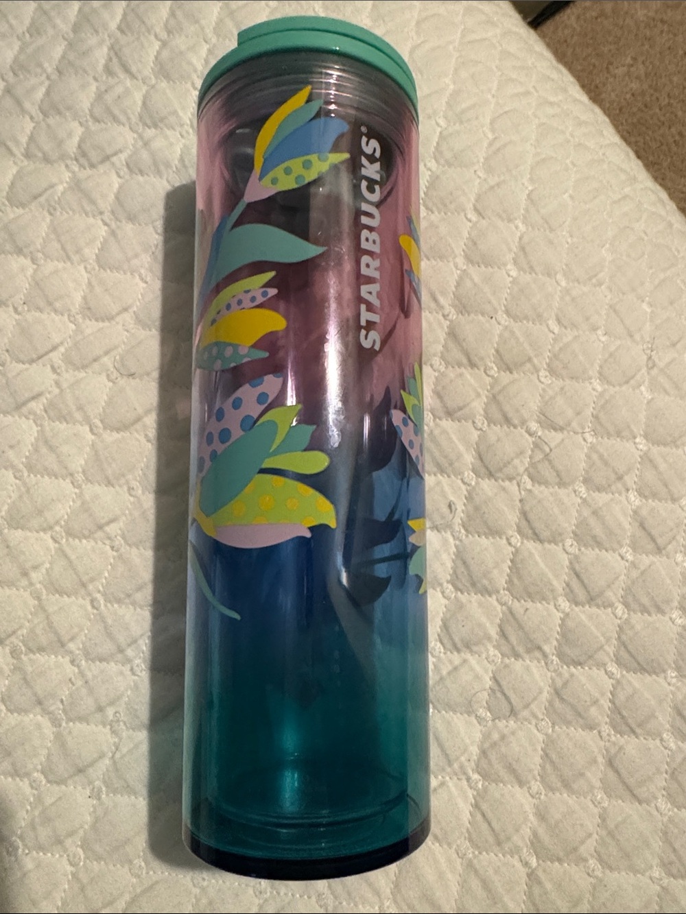 Starbucks Teal to Purple Floral Gradient Tumbler with Yellow Accents